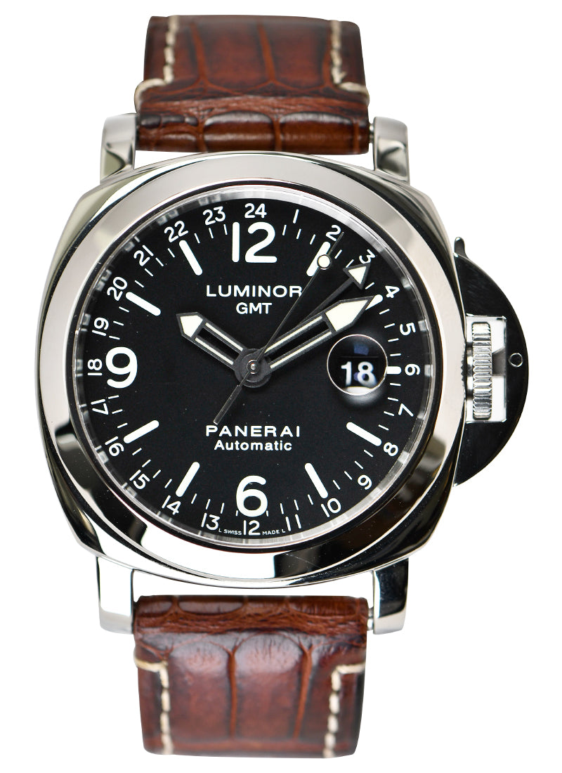 Luminor GMT Central Seconds in Stainless Steel  on Brown Leather Strap with Black Dial