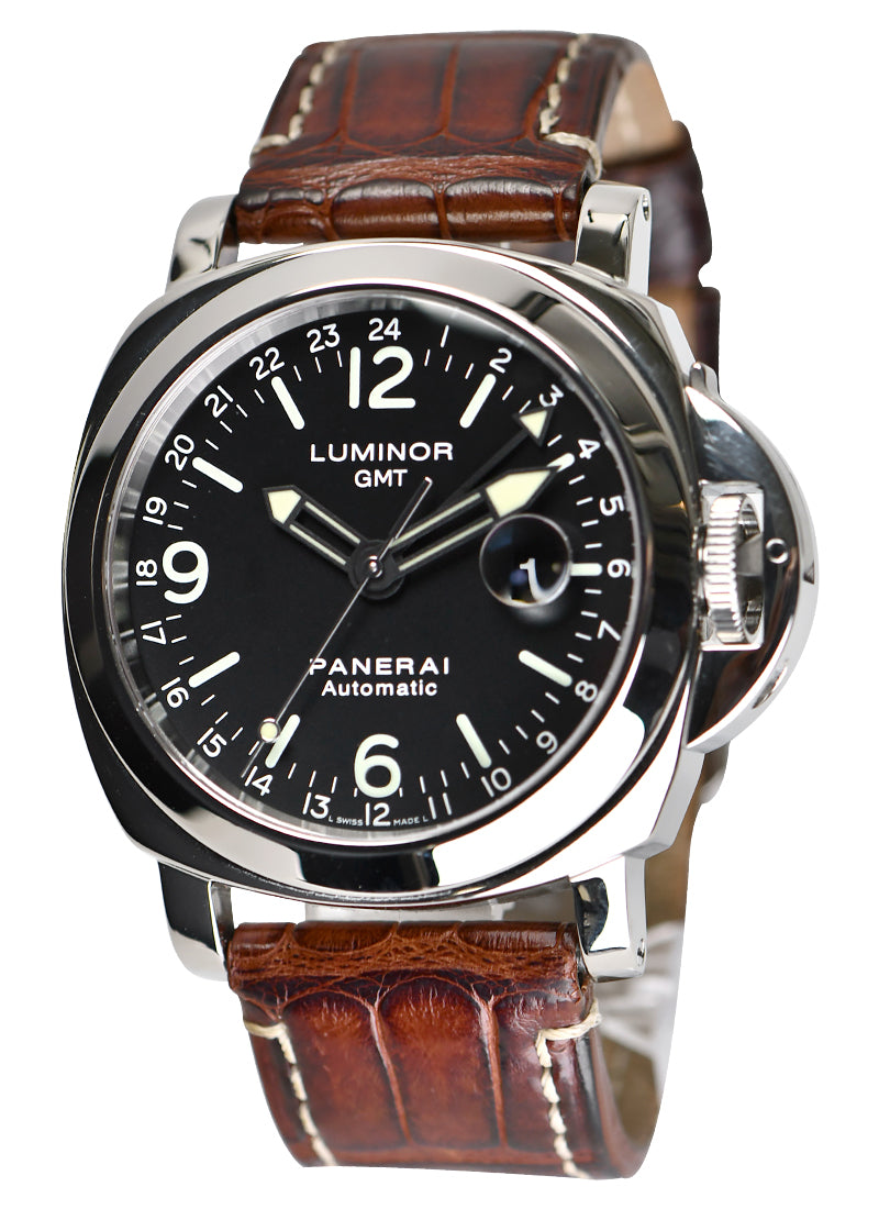 Luminor GMT Central Seconds in Stainless Steel  on Brown Leather Strap with Black Dial