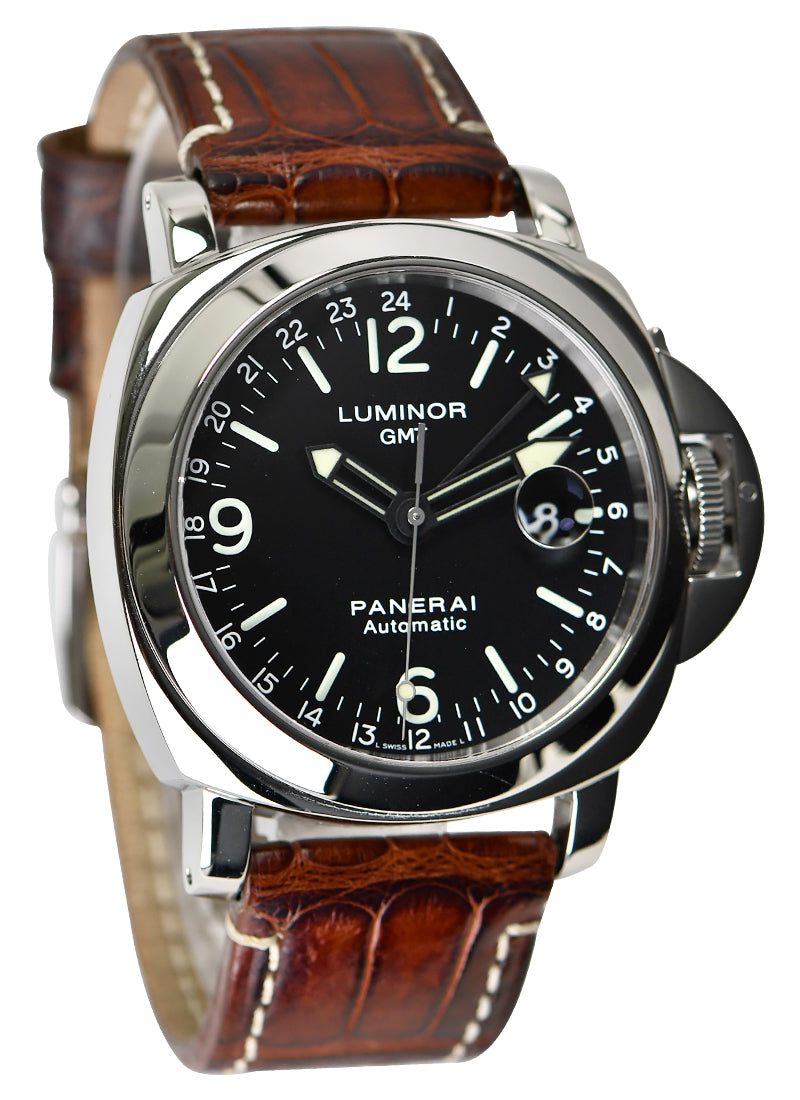 Luminor GMT Central Seconds in Stainless Steel  on Brown Leather Strap with Black Dial