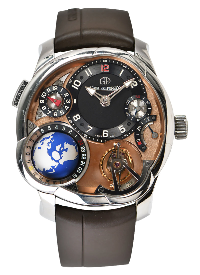 Greubel Forsey GMT Tourbillon in Platinum with 5N Movement  on Brown Rubber Strap with Black Dial--Two Year Factory Warranty