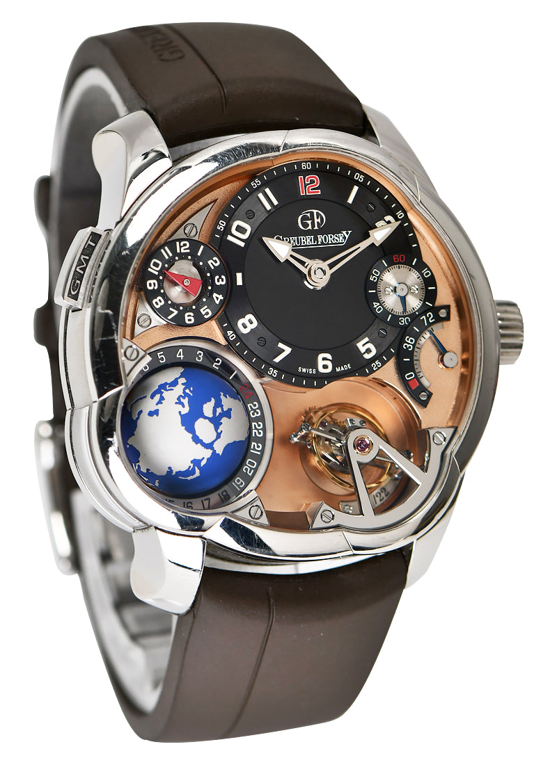 Greubel Forsey GMT Tourbillon in Platinum with 5N Movement  on Brown Rubber Strap with Black Dial--Two Year Factory Warranty