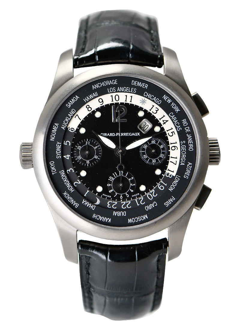 Girard Perregaux World Time Chronograph in Titanium  on Black Leather Strap with Black Dial
