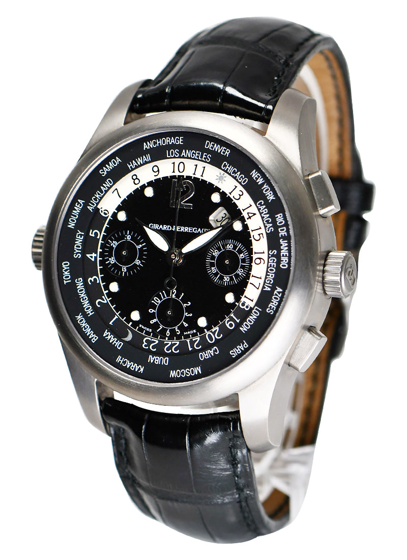 Girard Perregaux World Time Chronograph in Titanium  on Black Leather Strap with Black Dial