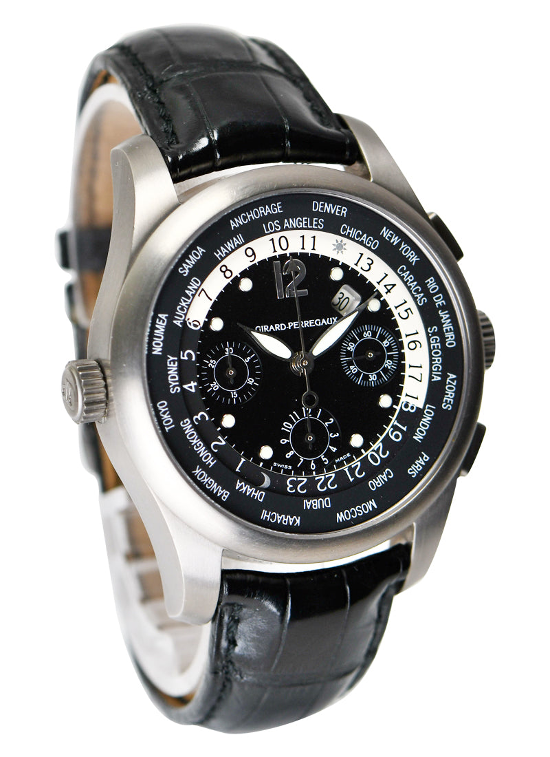 Girard Perregaux World Time Chronograph in Titanium  on Black Leather Strap with Black Dial